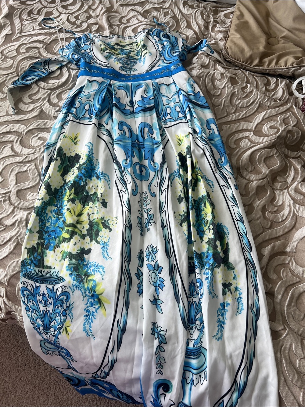 Fashion Nova White Maxi Dress with Blue and Green Floral Print